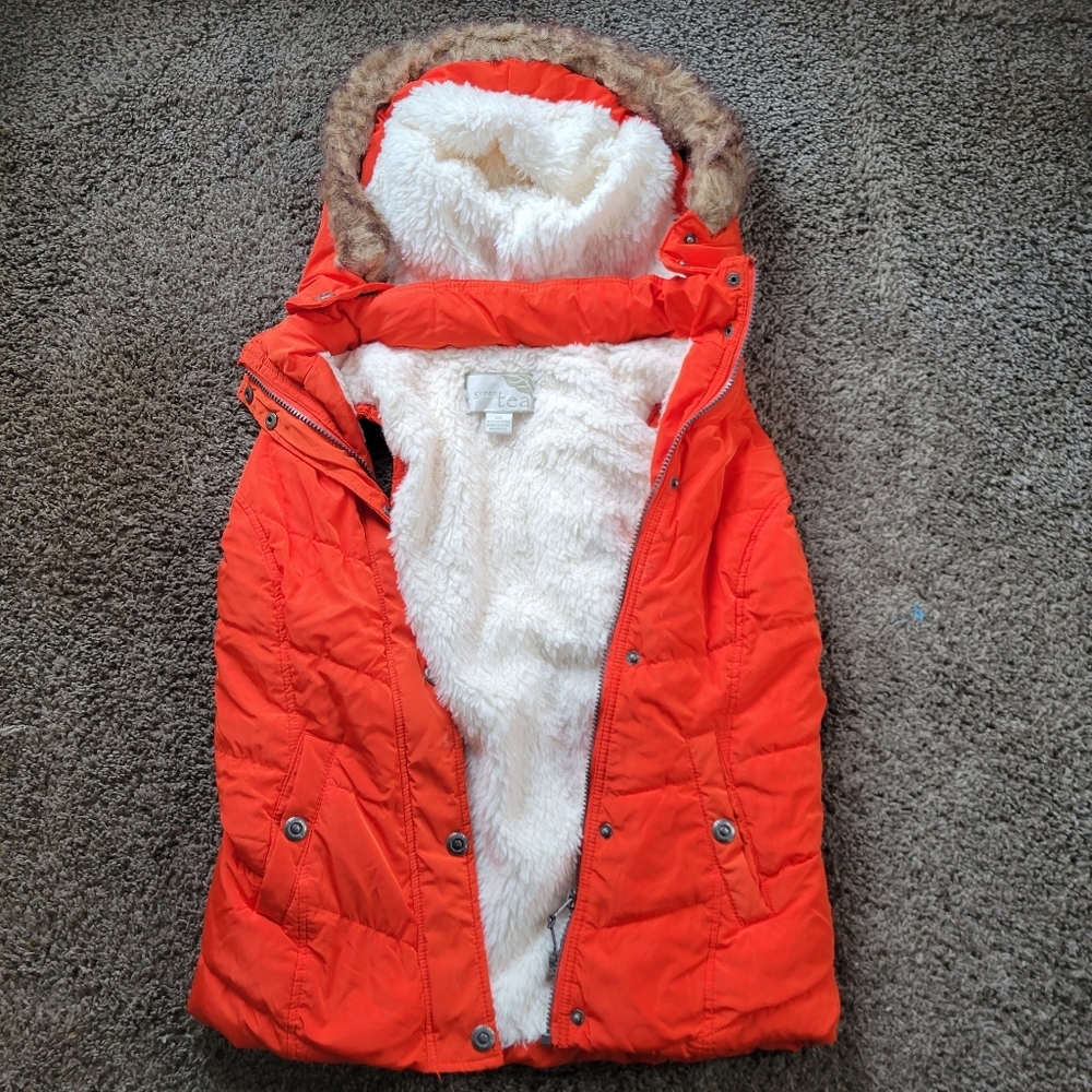 Green Tea Orange Puffy Vest Woman's Size Small Removeable Hood